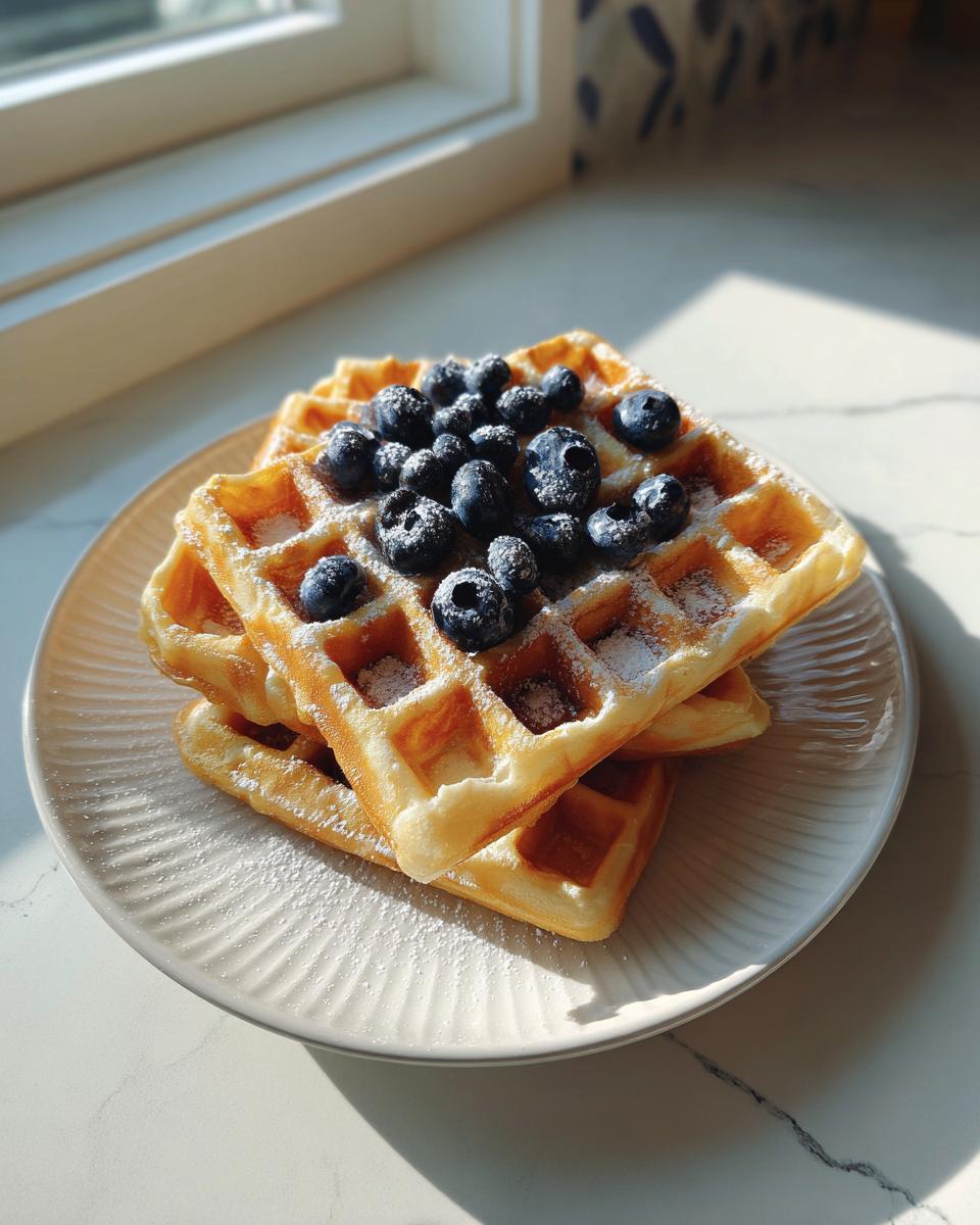 A stack of golden cottage cheese waffles topped with fresh blueberries and powdered sugar.
