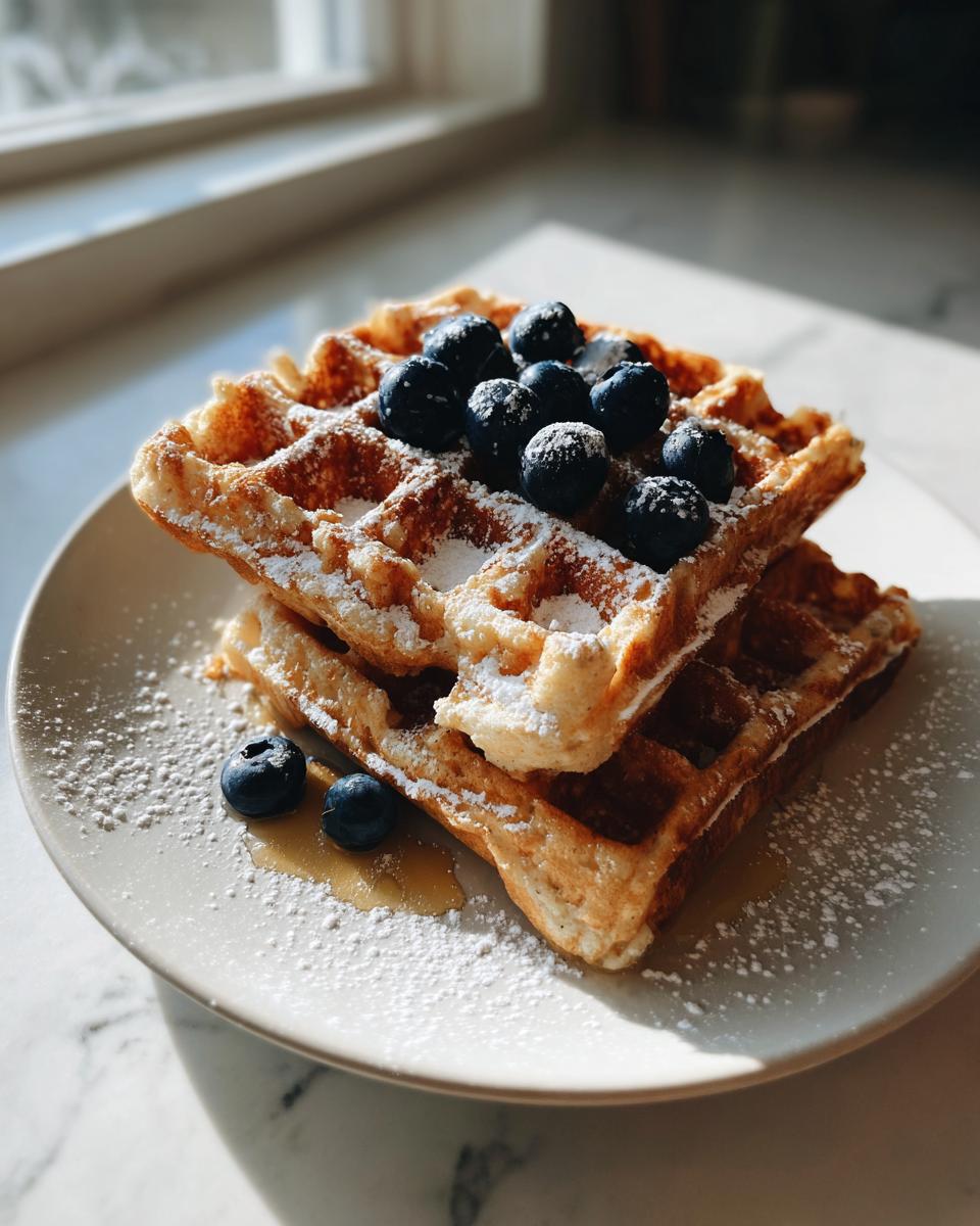 Two stacked, golden cottage cheese waffles topped with fresh blueberries and powdered sugar.