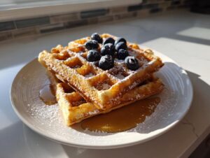 Two stacked cottage cheese waffles topped with fresh blueberries and powdered sugar, drizzled with syrup.