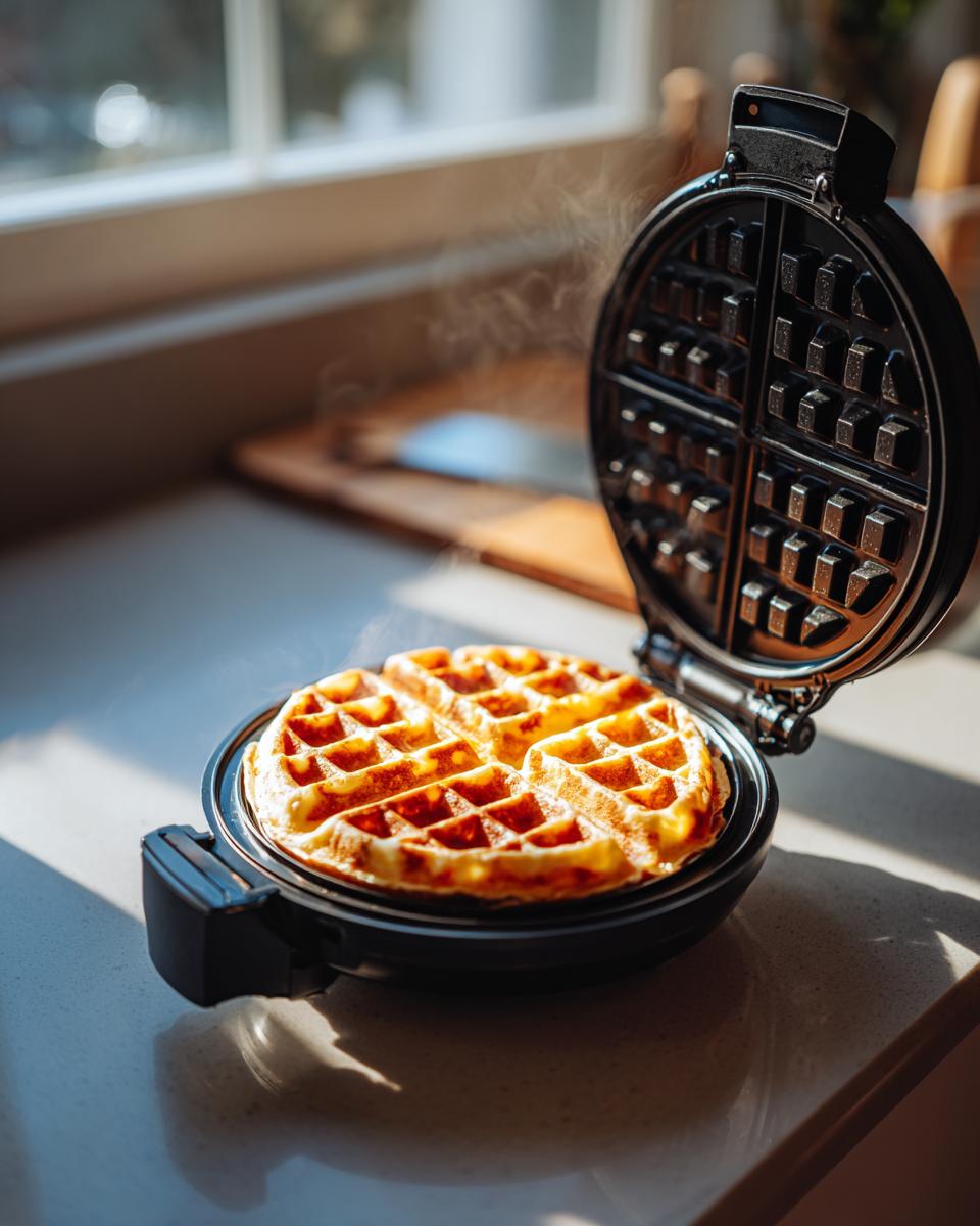A golden brown cottage cheese waffle steaming inside an open black waffle maker on a bright countertop.