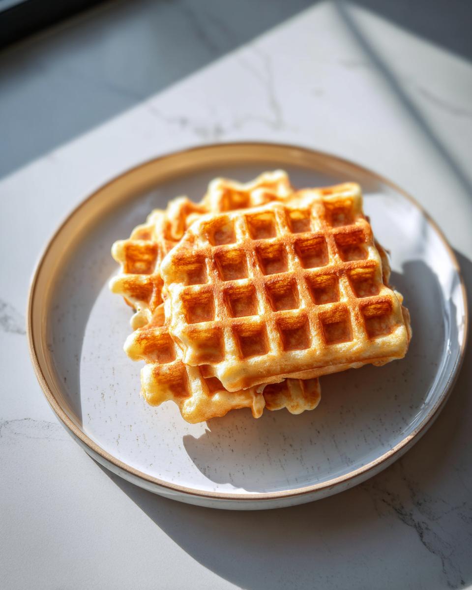 A stack of golden brown cottage cheese waffles healthy served on a speckled white plate.