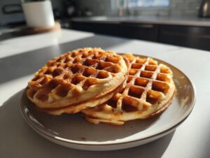 Two golden brown cottage cheese waffles healthy stacked on a speckled plate in bright morning sunlight.