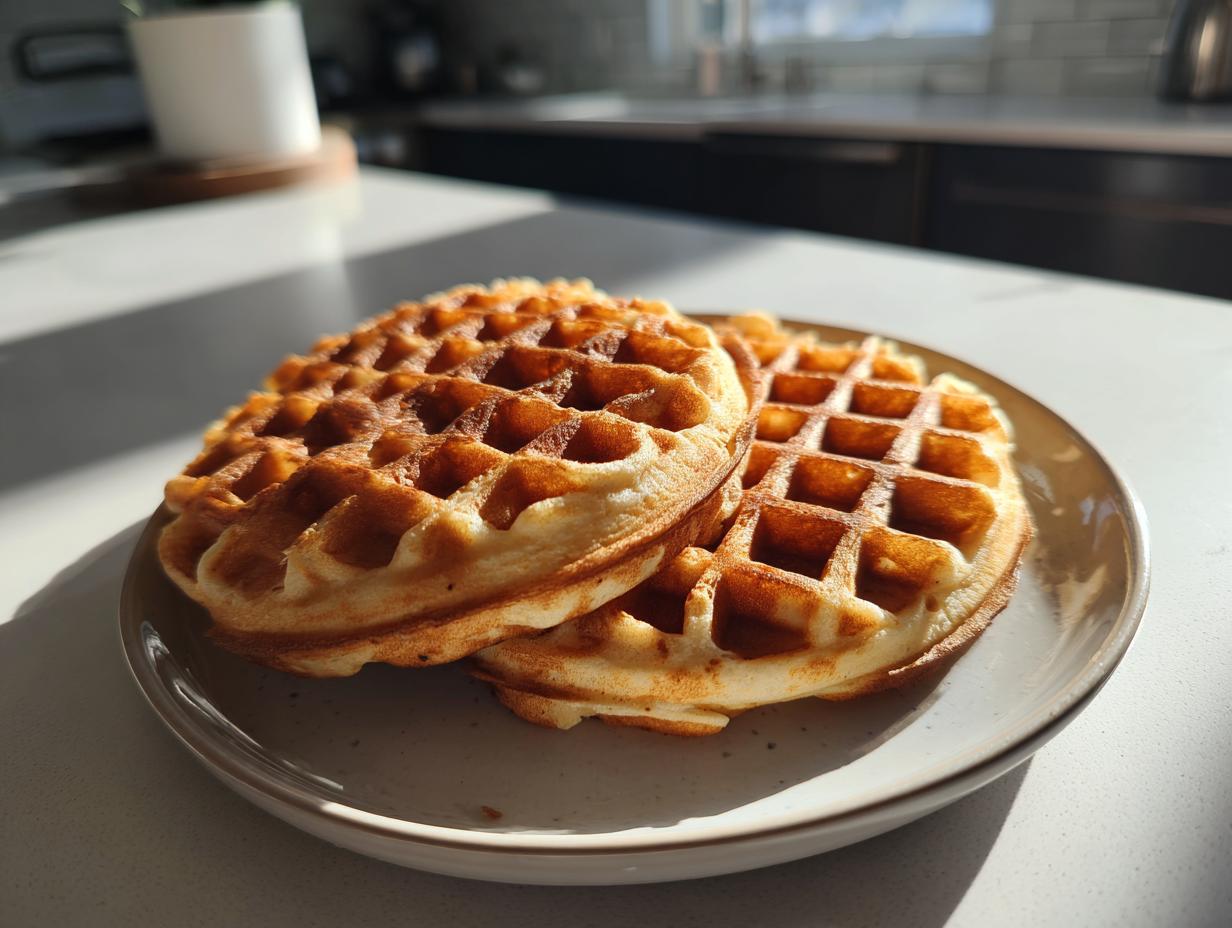Two golden brown cottage cheese waffles healthy stacked on a speckled plate in bright morning sunlight.