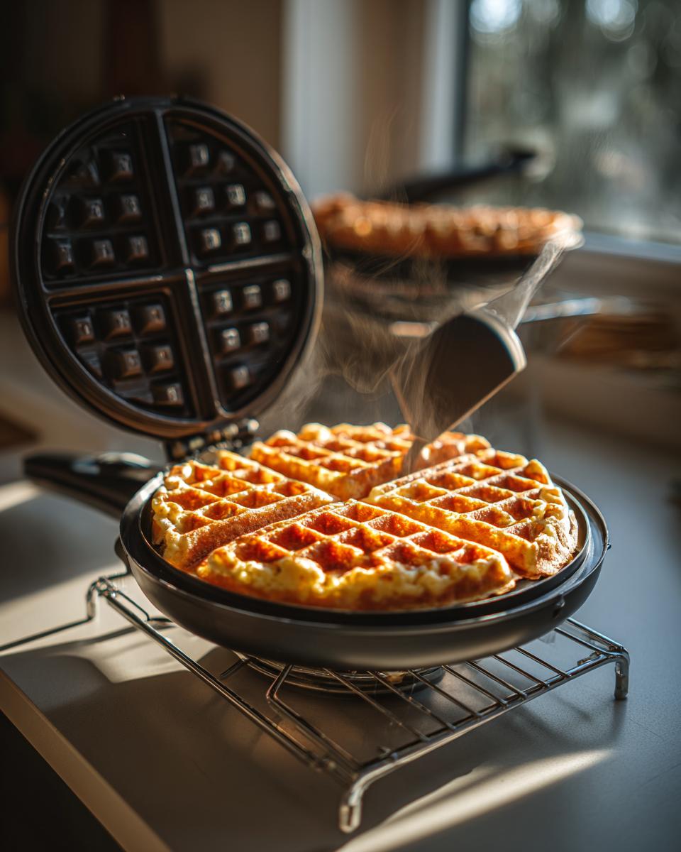 Steaming cottage cheese waffles low carb being lifted from a round waffle iron with a spatula.