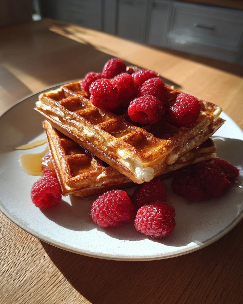 A stack of golden cottage cheese waffles low carb topped generously with fresh raspberries and syrup.