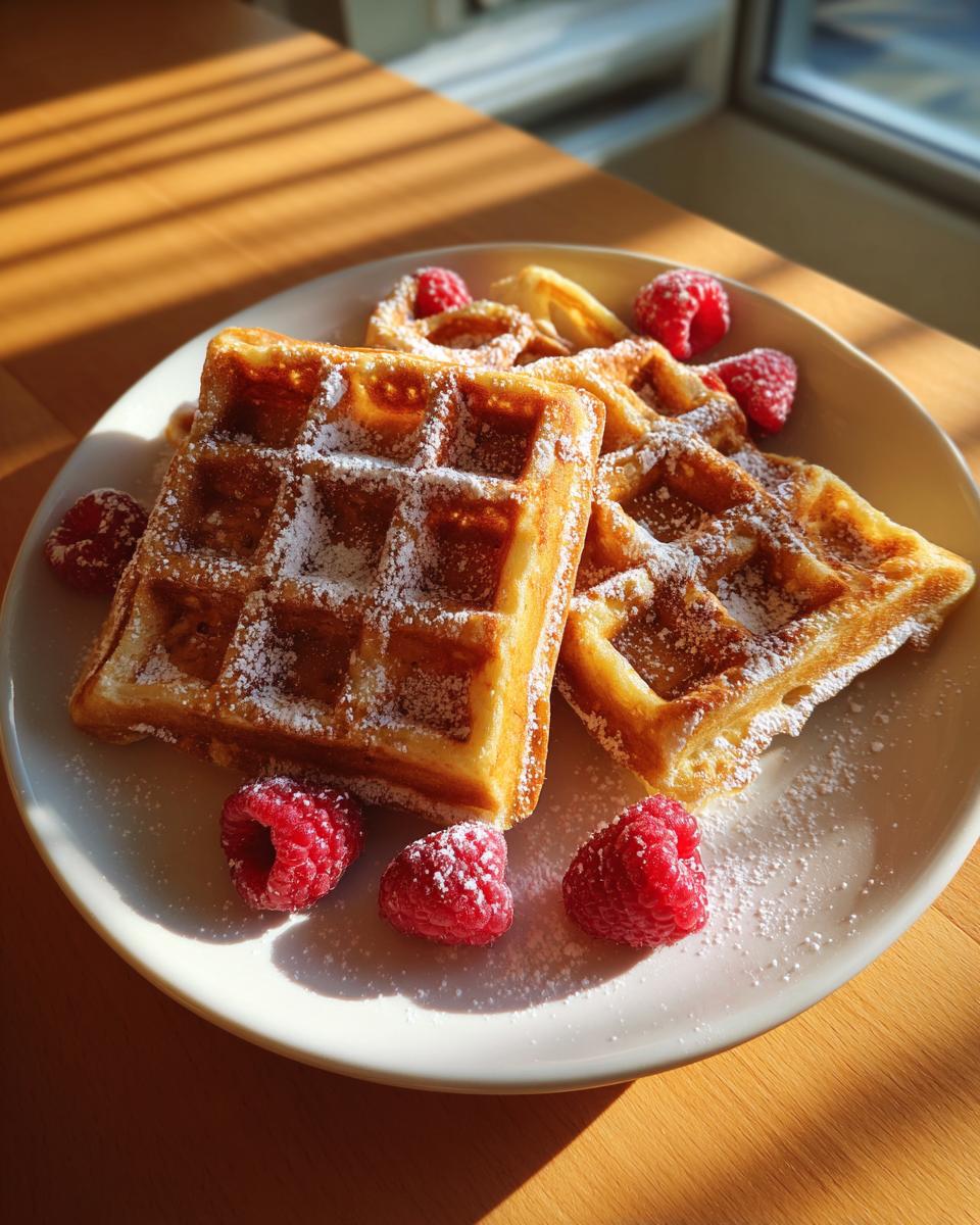 Golden brown cottage cheese waffles low carb dusted with powdered sugar and garnished with fresh raspberries.