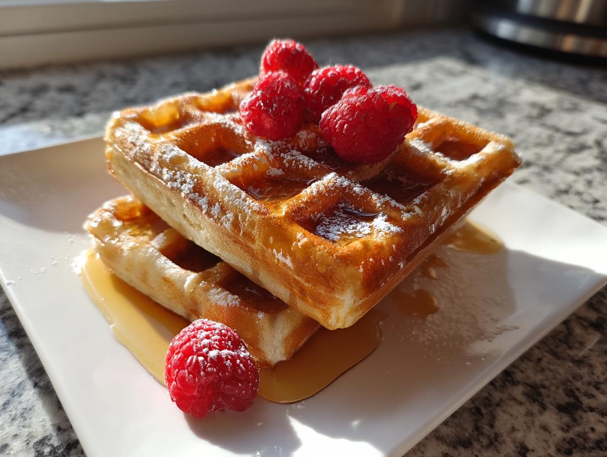 Stack of two golden cottage cheese waffles low carb topped with fresh raspberries and syrup.
