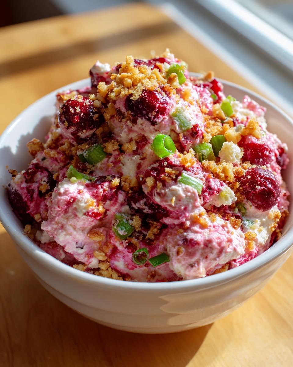 Close-up of cranberry jalapeno cream cheese dip, topped with nuts and green onions, served in a white bowl.