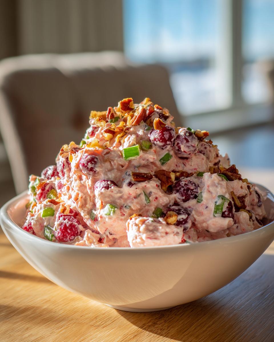 A large mound of pink cranberry jalapeno cream cheese dip topped with pecans and green onions in a white bowl.