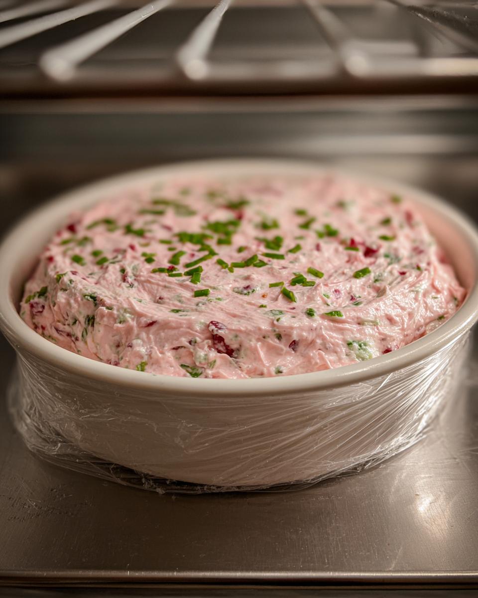 Pink cranberry jalapeno cream cheese dip topped with chives in a white bowl wrapped in plastic wrap.
