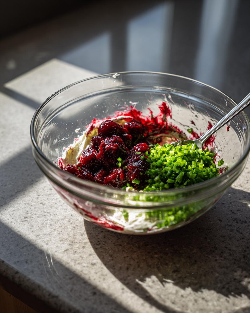 Glass bowl showing cream cheese base, whole cranberries, and chopped green chives for cranberry jalapeno cream cheese dip.