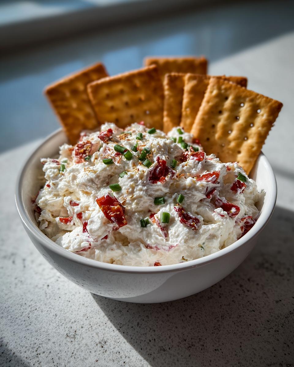 A bowl of textured cream cheese dips for crackers mixed with red peppers and topped with chives.
