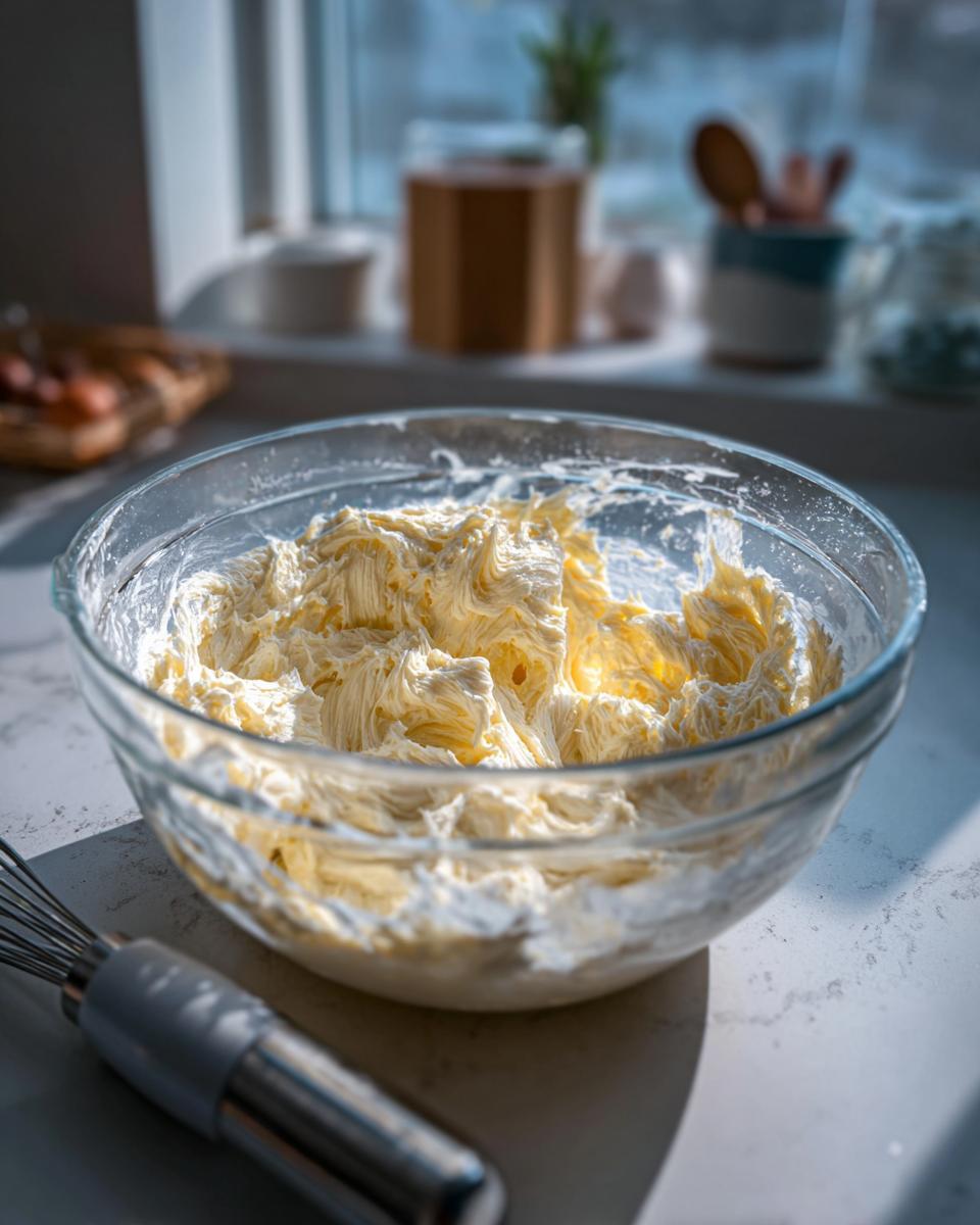 Glass bowl with creamed butter and sugar mixture for cosmic brownie cookies recipe, with a whisk nearby.