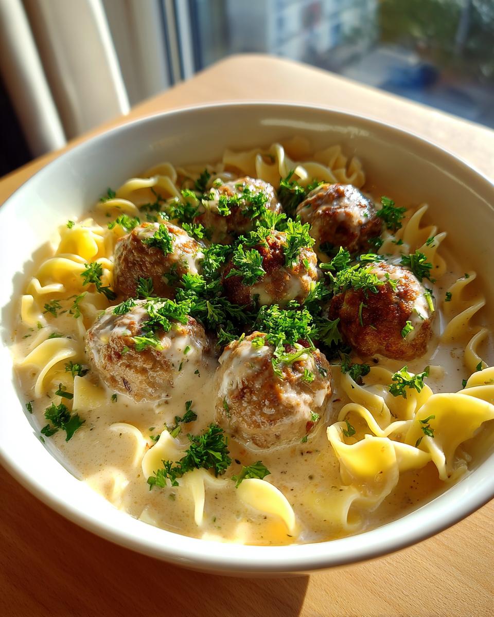 Close-up of a bowl of swedish meatball soup featuring meatballs, egg noodles, and fresh parsley garnish.