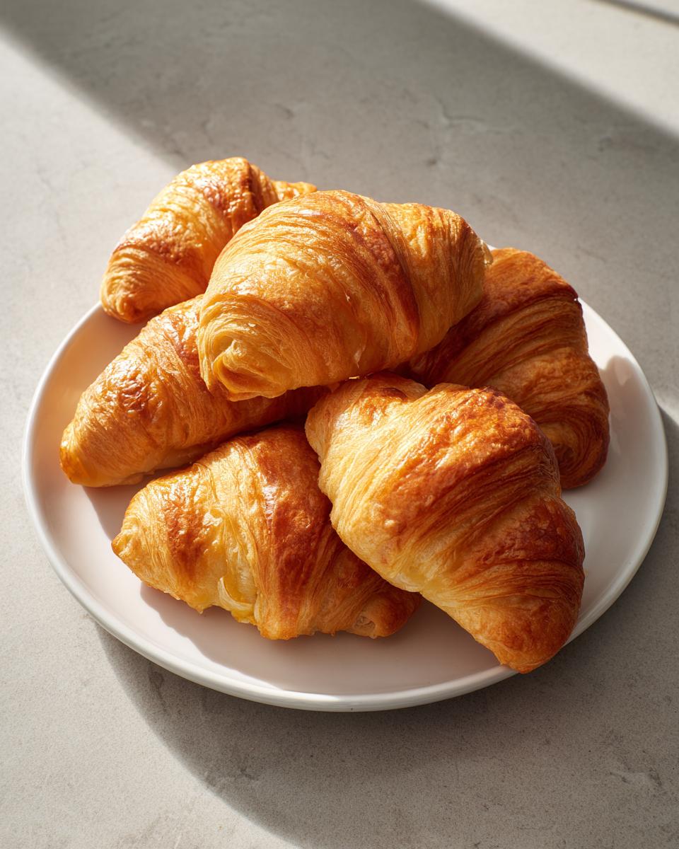 A pile of golden brown, flaky croissants stacked on a white plate, contrasting with the grey surface.
