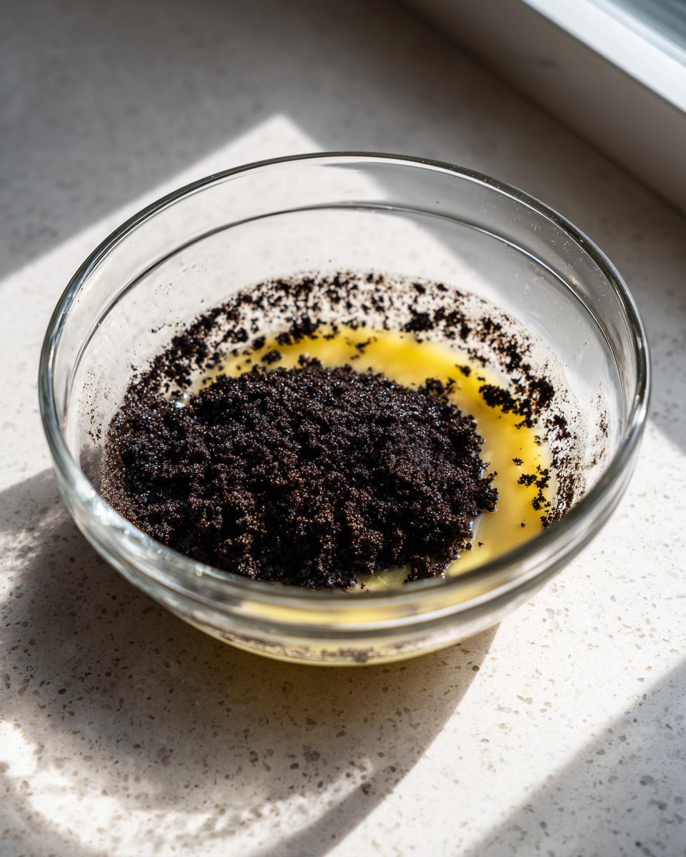 Mixing crushed dark cookies with melted butter in a glass bowl for the no bake chocolate cheesecake crust.