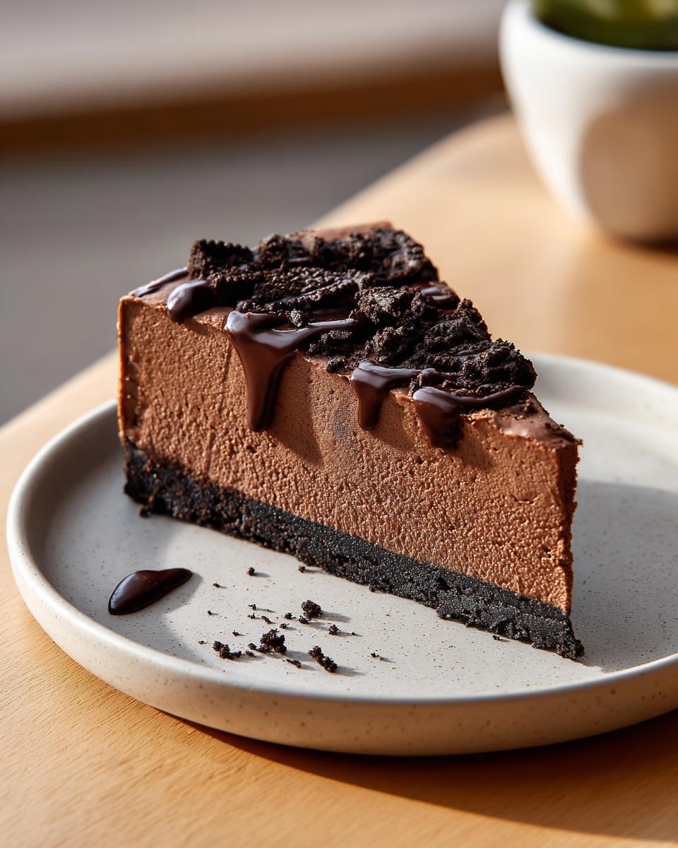 A rich slice of chocolate cheesecake with a dark crust, topped with chocolate drizzle and cookie crumbs.