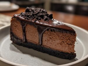 A rich slice of chocolate cheesecake with a dark cookie crust, topped with dripping chocolate ganache and crumbs.