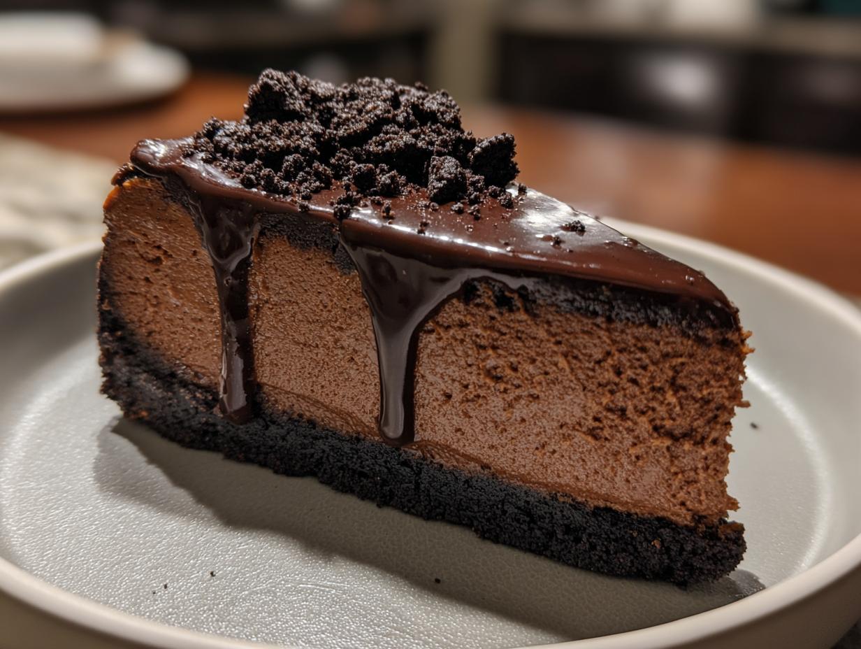 A rich slice of chocolate cheesecake with a dark cookie crust, topped with dripping chocolate ganache and crumbs.