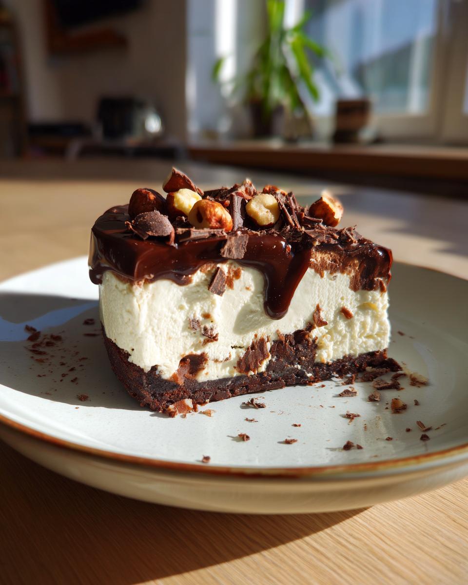 A decadent slice of dubai chocolate cheesecake featuring a brownie base, thick white filling, chocolate ganache, and chopped hazelnuts.