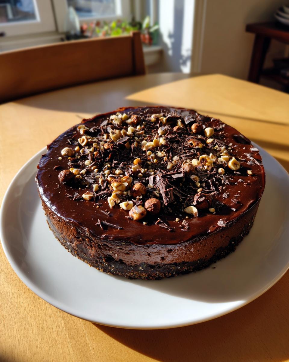 A whole, rich dubai chocolate cheesecake with a glossy ganache topping and chopped hazelnuts.