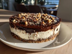 A whole dubai chocolate cheesecake with a thick chocolate ganache top, sprinkled with hazelnuts and chocolate shavings.