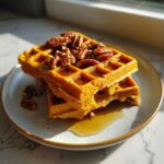 A stack of two fluffy pumpkin cottage cheese waffles topped with pecans and drizzled with syrup.