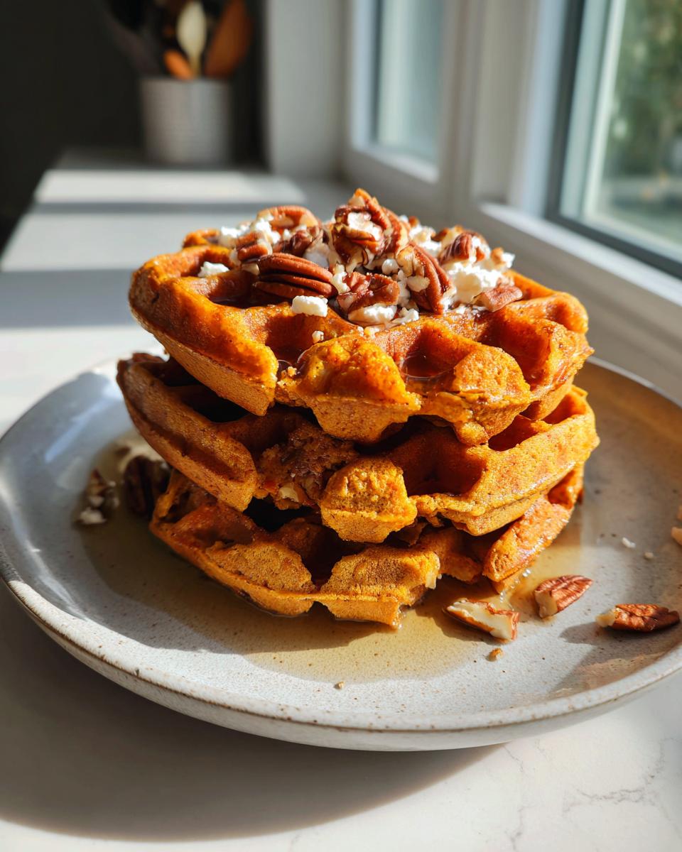 A stack of three fluffy pumpkin cottage cheese waffles topped with pecans and cottage cheese.