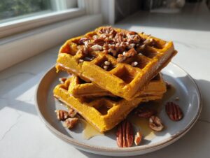 Stack of three fluffy pumpkin cottage cheese waffles drizzled with syrup and topped with pecans.