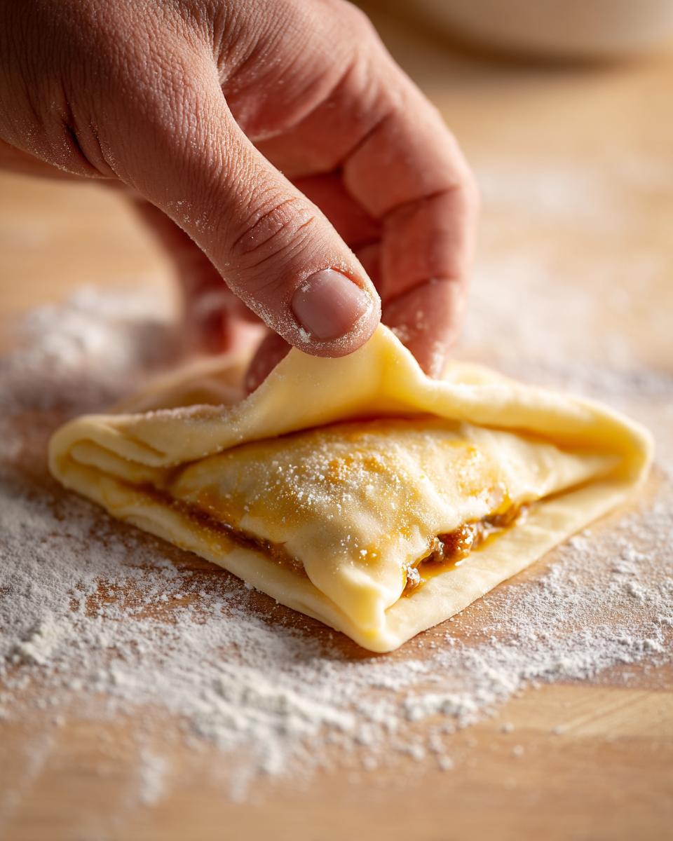 A hand folds a square of puff pastry dough filled with meat mixture to create one of the puff pastry cheeseburger pockets.