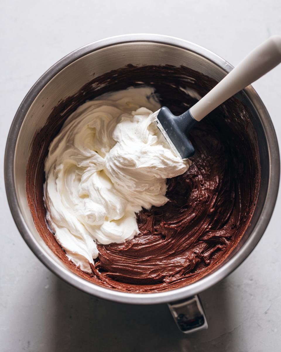 Folding whipped cream into rich chocolate mixture in a stainless steel bowl for making chocolate cheesecake.