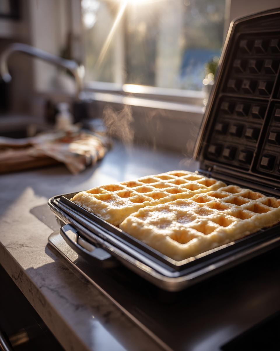 Two golden cottage cheese waffles steaming inside an open waffle iron on a kitchen counter.