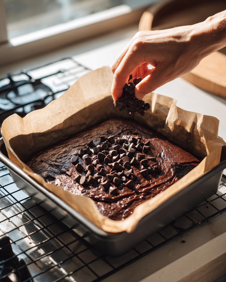 A hand sprinkles chocolate chips over fudgy batter in a pan while making cosmic brownies.