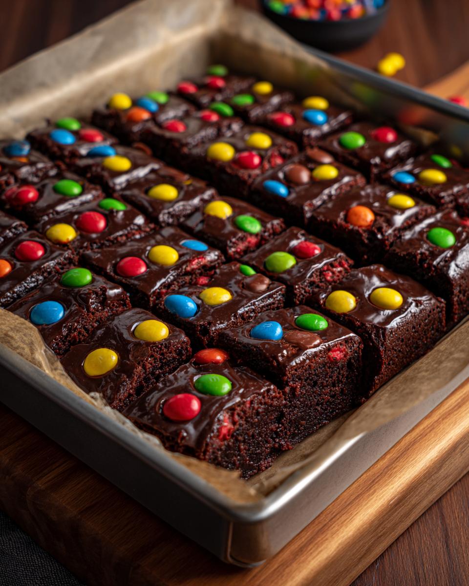 A pan full of freshly cut, fudgy cosmic brownies topped with colorful candy-coated chocolates.