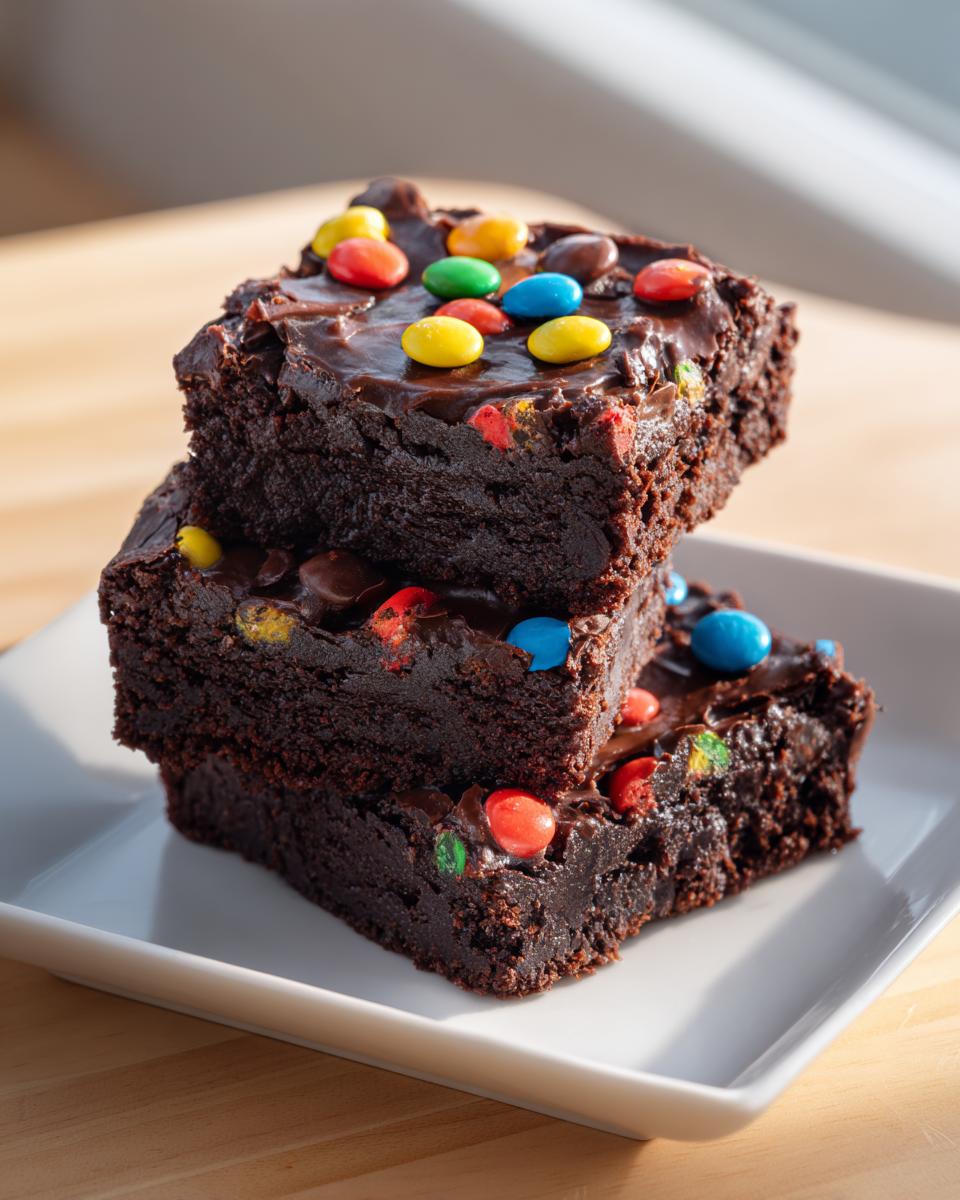 A stack of three fudgy cosmic brownies topped with chocolate frosting and colorful candy pieces.