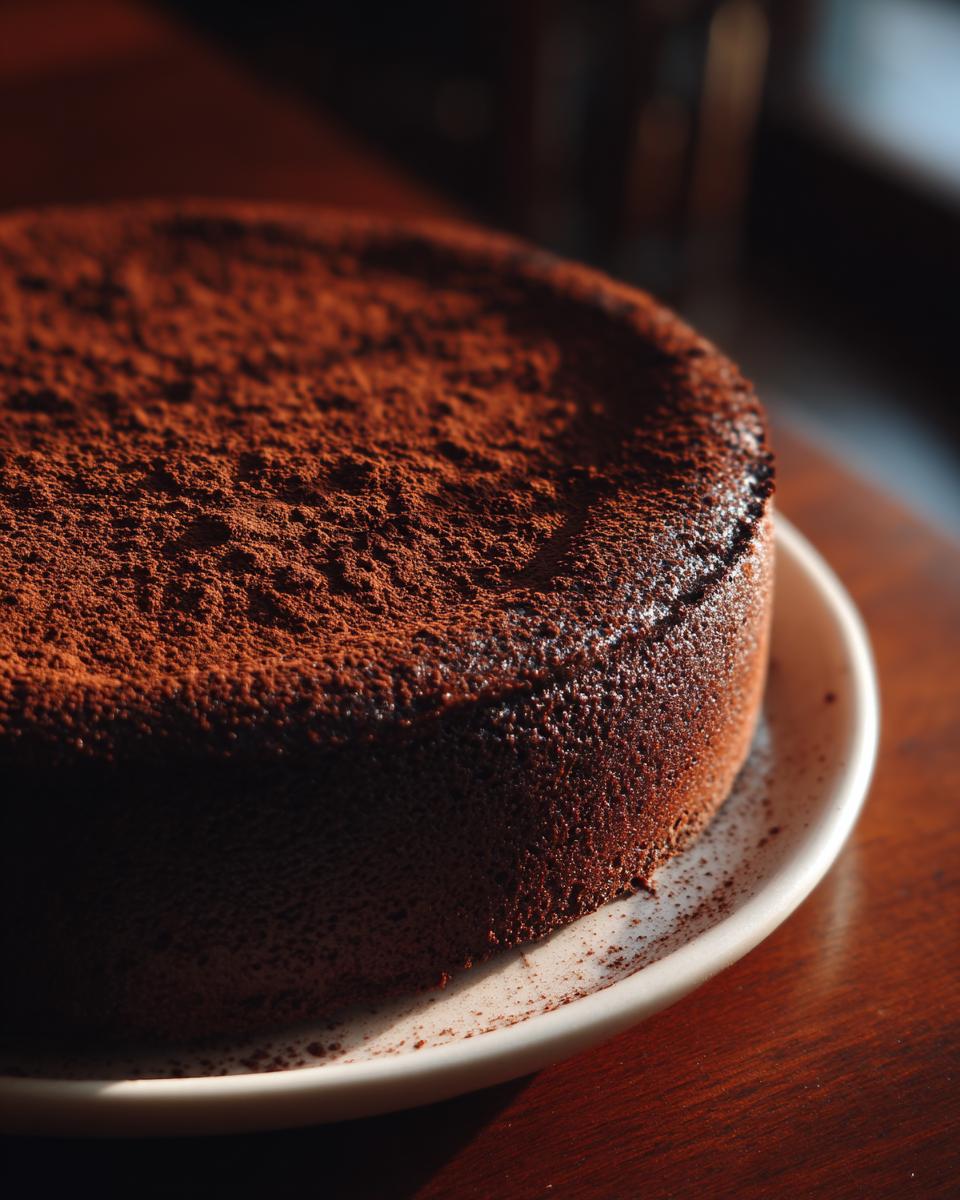 A close-up, dramatic shot of a fudgy flourless chocolate torte dusted heavily with cocoa powder.
