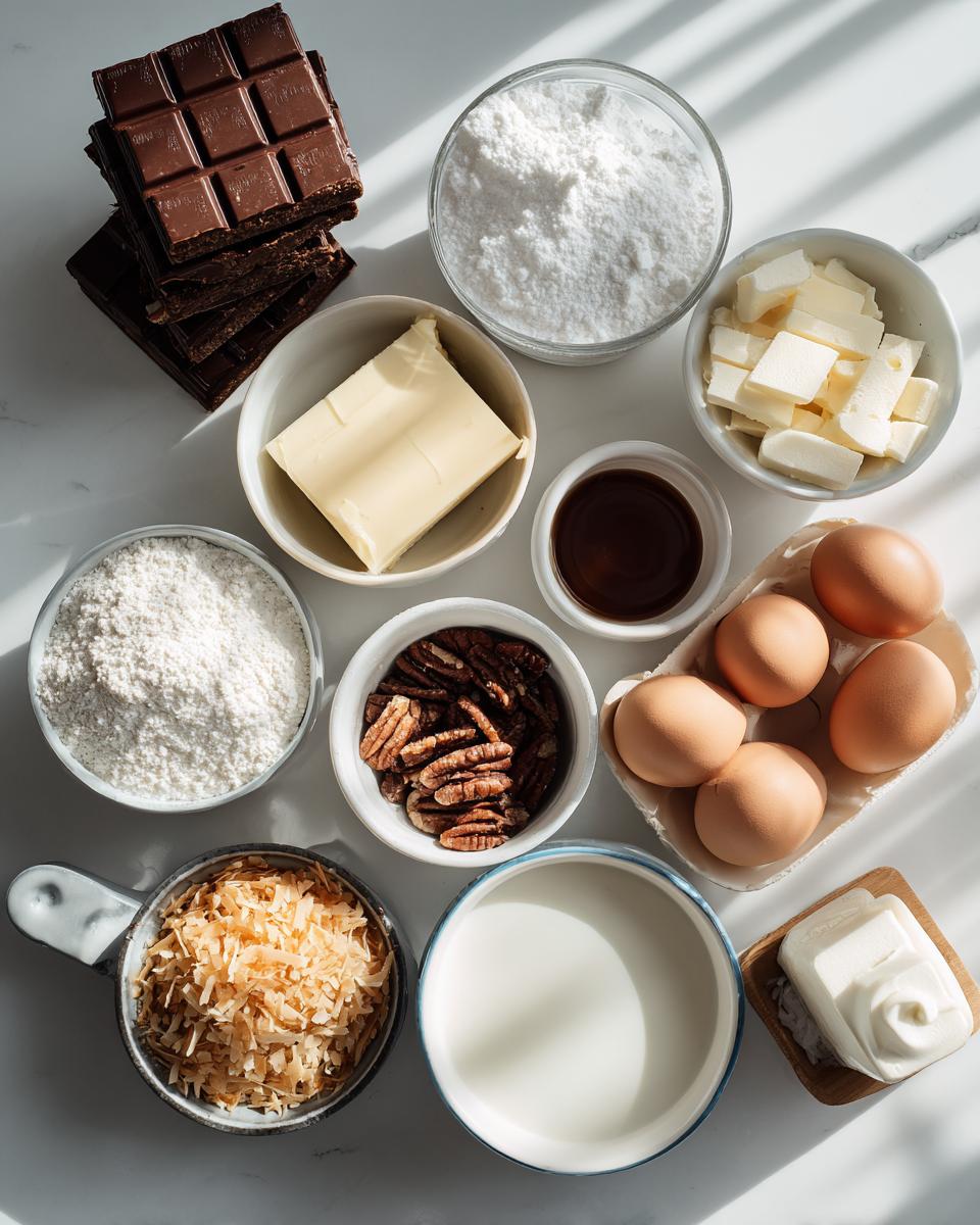 Overhead view of ingredients for german chocolate cheesecake, including chocolate, butter, flour, eggs, pecans, and coconut.