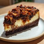 A rich slice of german chocolate cheesecake featuring a dark chocolate crust, creamy filling, and gooey pecan topping.