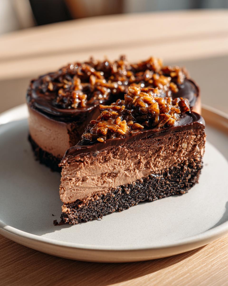 A slice of rich german chocolate cheesecake showing a dark crust, creamy filling, and pecan topping.