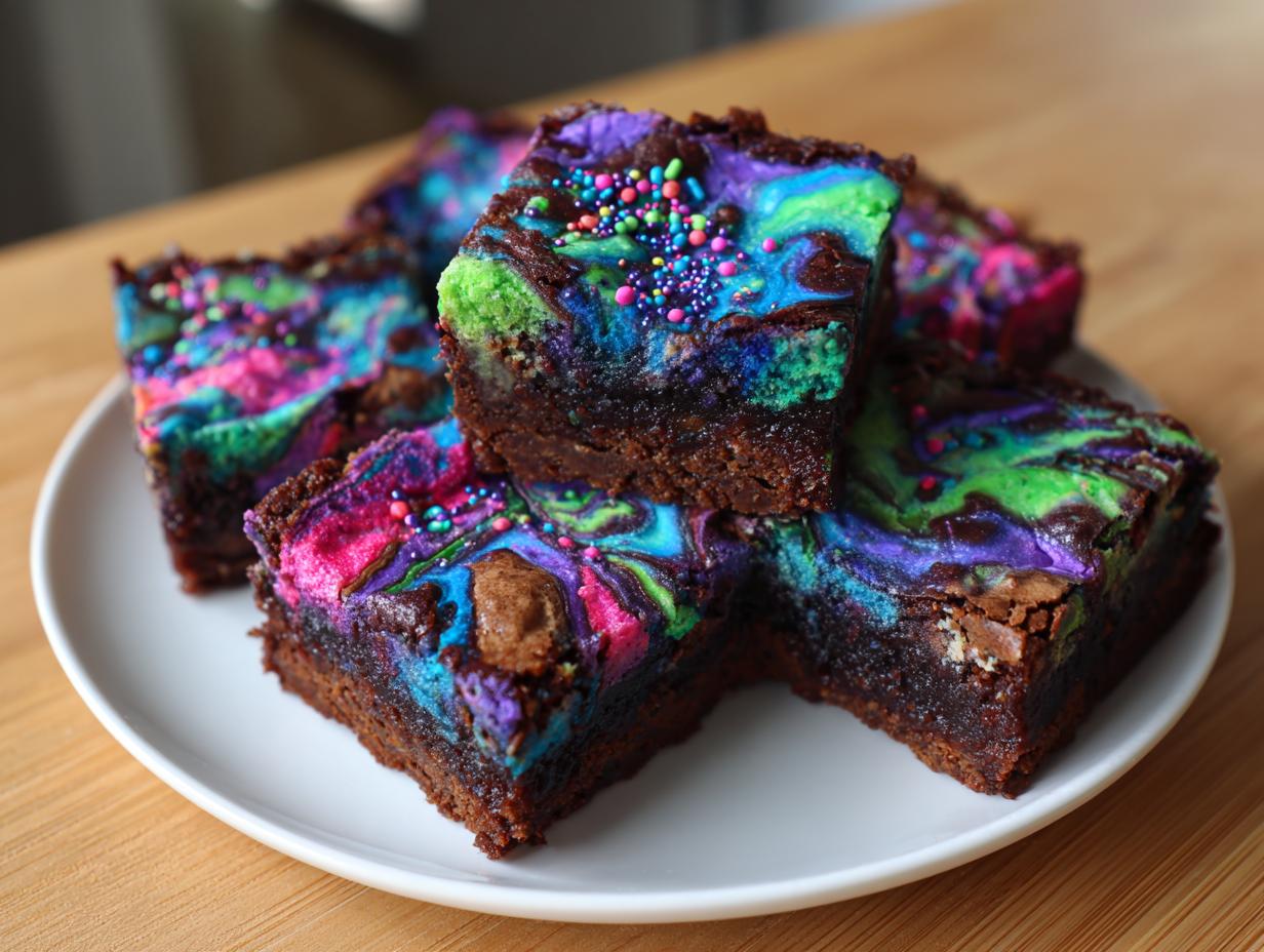 Four squares of fudgy gluten free cosmic brownies with vibrant blue, pink, and green marbled frosting and sprinkles.