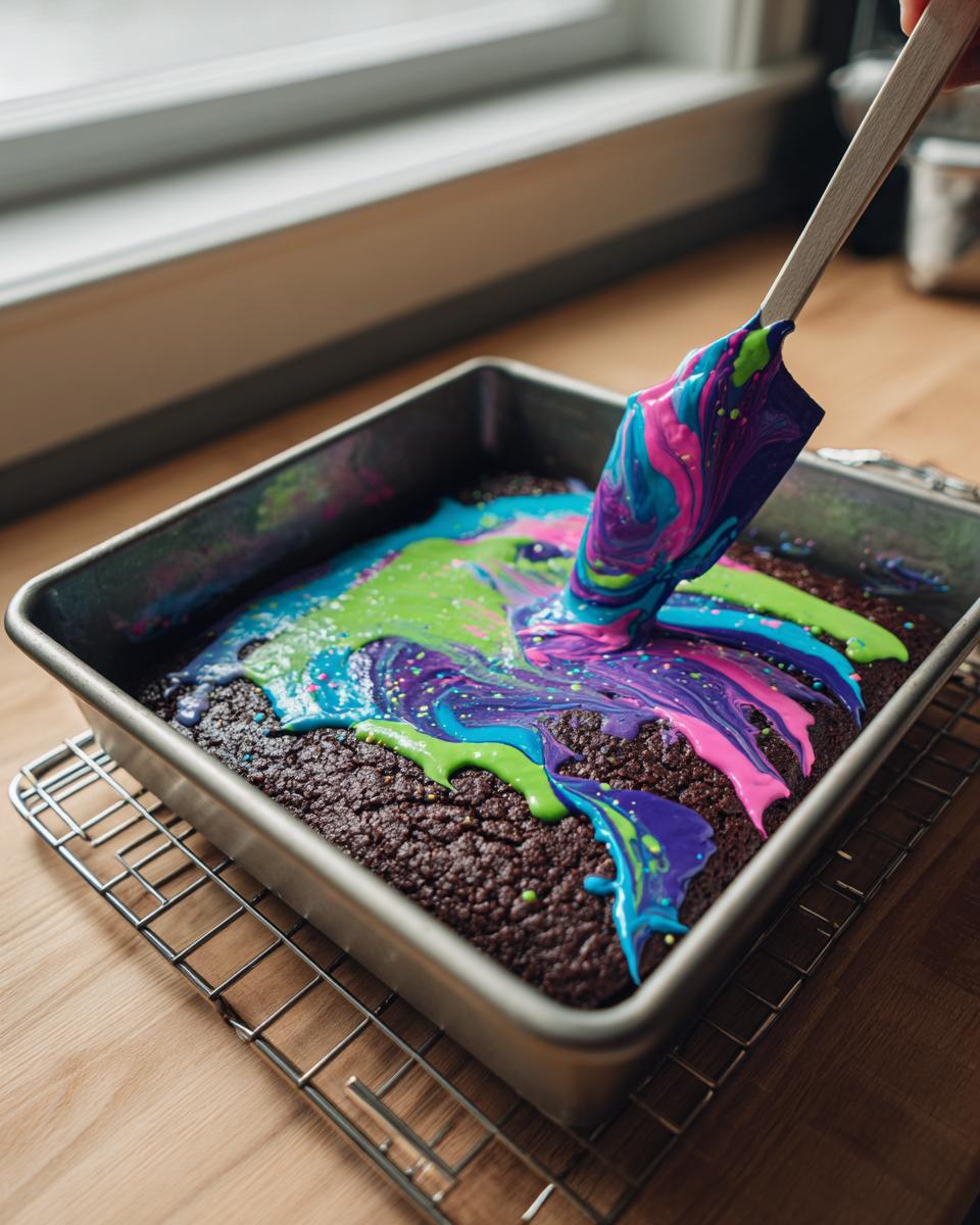 A spatula swirls vibrant blue, pink, and neon green frosting onto a pan of gluten free cosmic brownies.