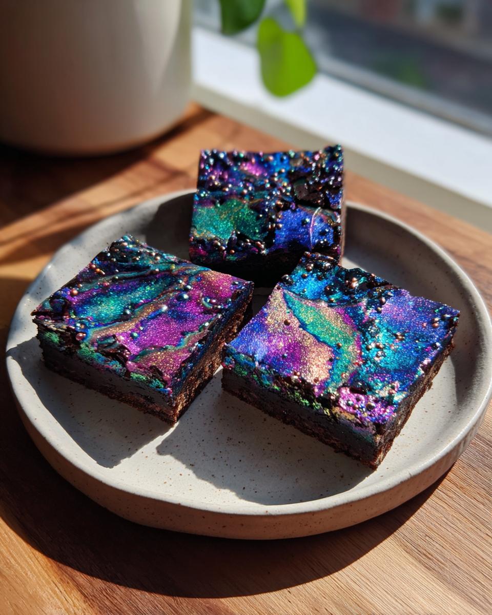 Three decadent gluten free cosmic brownies with vibrant, shimmering galaxy frosting served on a speckled plate.