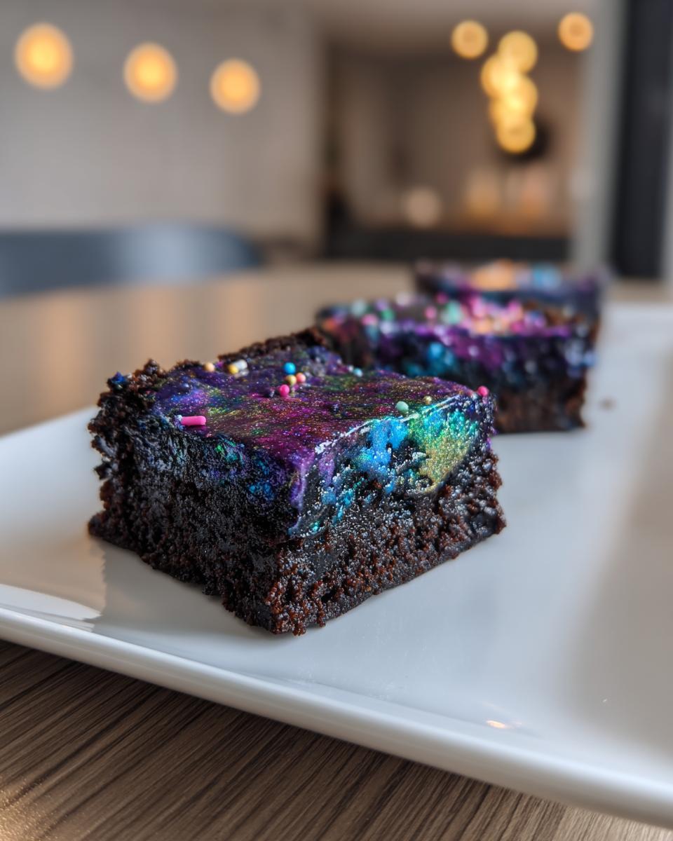 A close-up of a square gluten free cosmic brownies slice featuring dark chocolate cake and vibrant, shimmering galaxy icing.