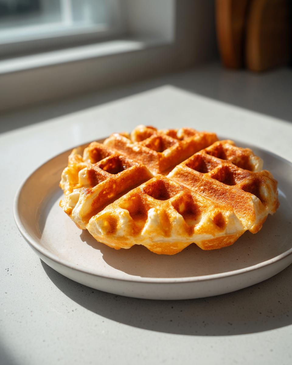 A single, golden brown cottage cheese waffle healthy served on a light gray plate near a window.