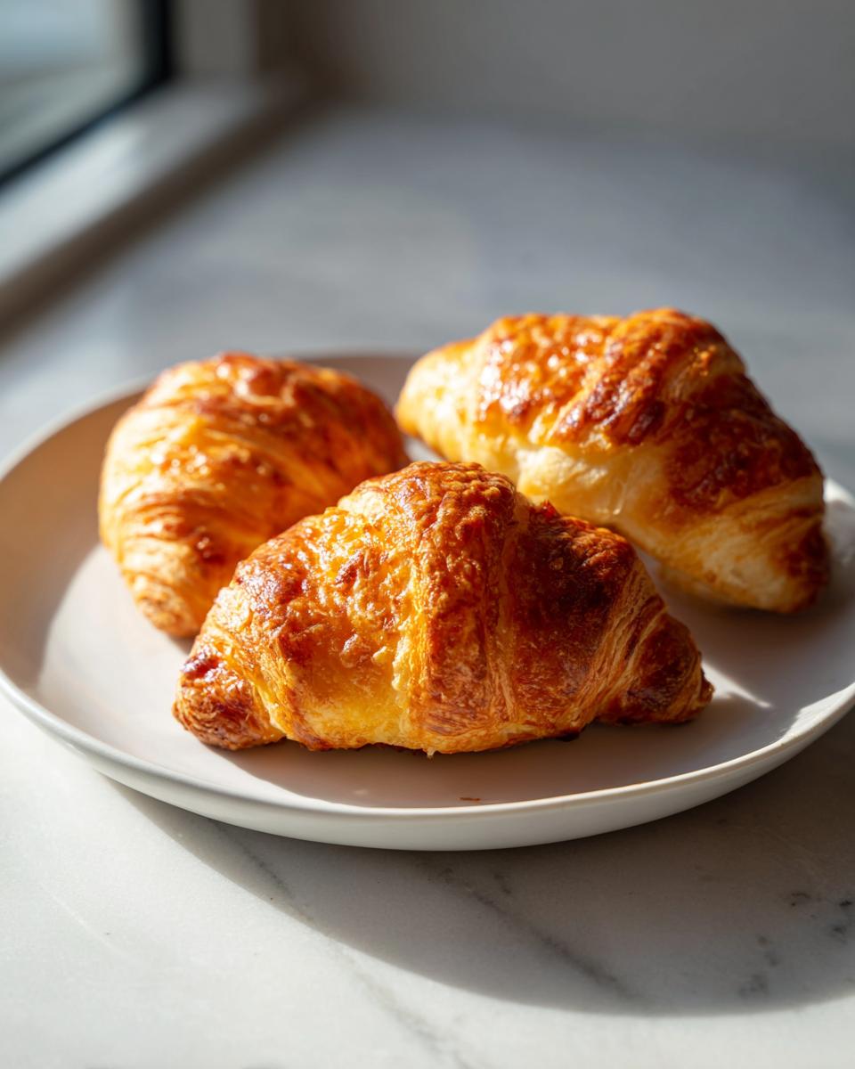 Three golden brown, flaky croissants resting on a light grey plate, unrelated to cheeseburger pockets.