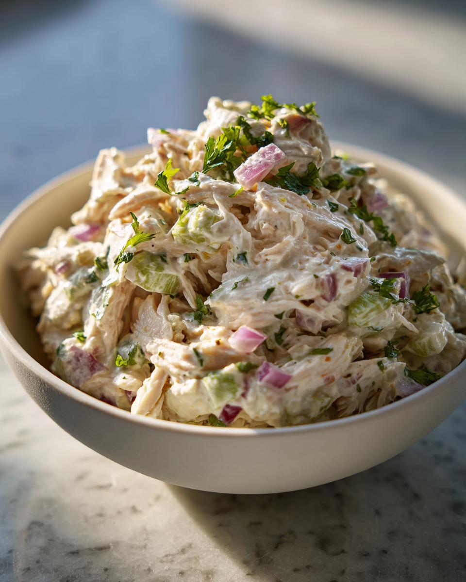 A creamy bowl of greek yogurt cottage cheese chicken salad topped with fresh parsley and red onion.