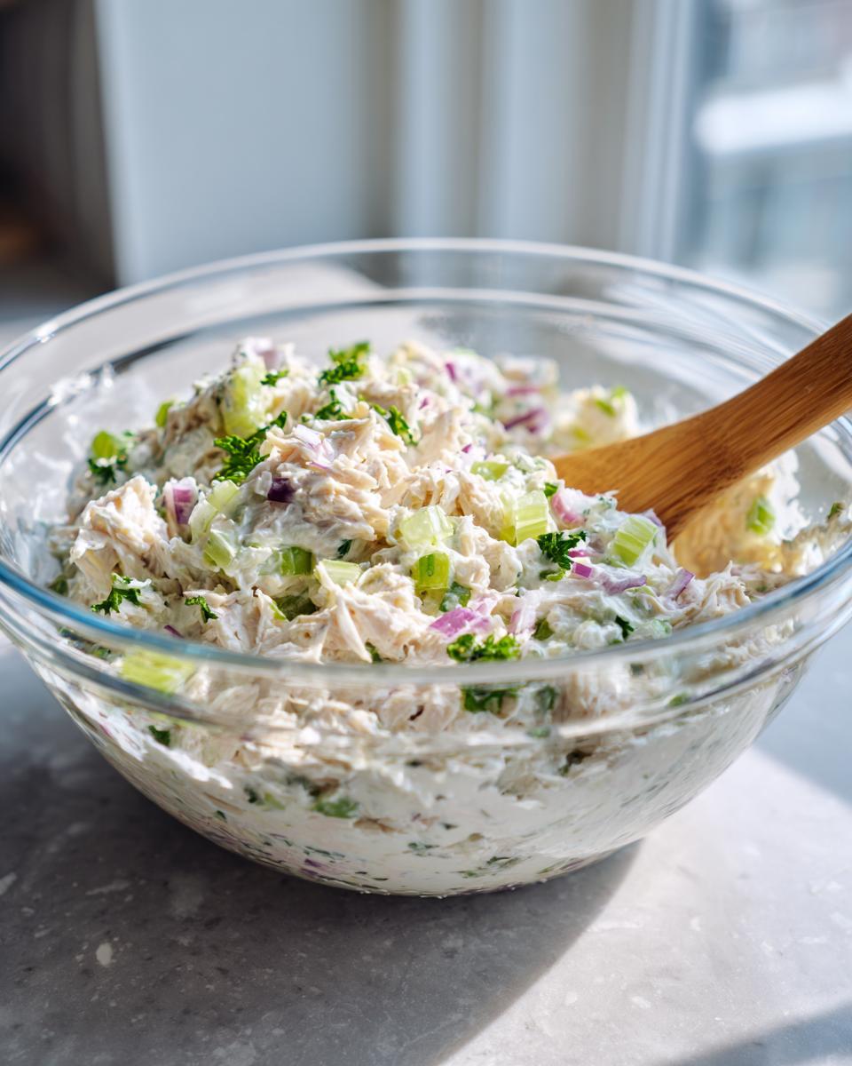 A glass bowl filled with creamy greek yogurt cottage cheese chicken salad, mixed with celery and red onion, being stirred with a wooden spoon.