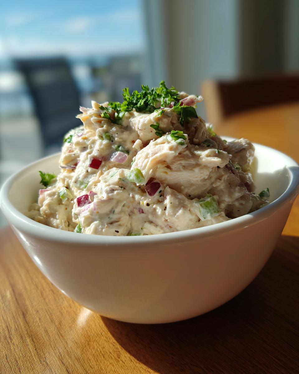 A white bowl filled with creamy greek yogurt cottage cheese chicken salad, topped with fresh parsley.