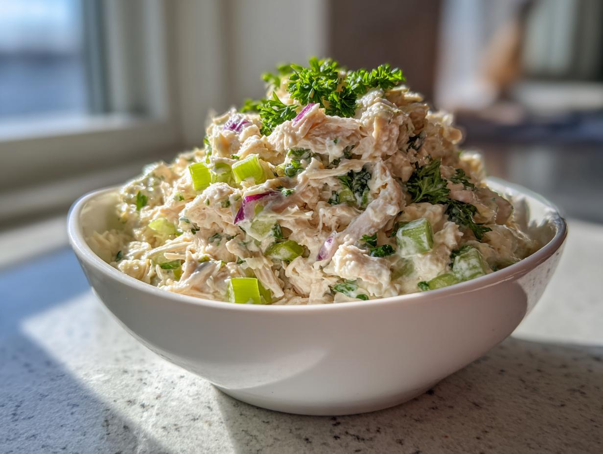 A generous serving of greek yogurt cottage cheese chicken salad topped with fresh parsley in a white bowl.
