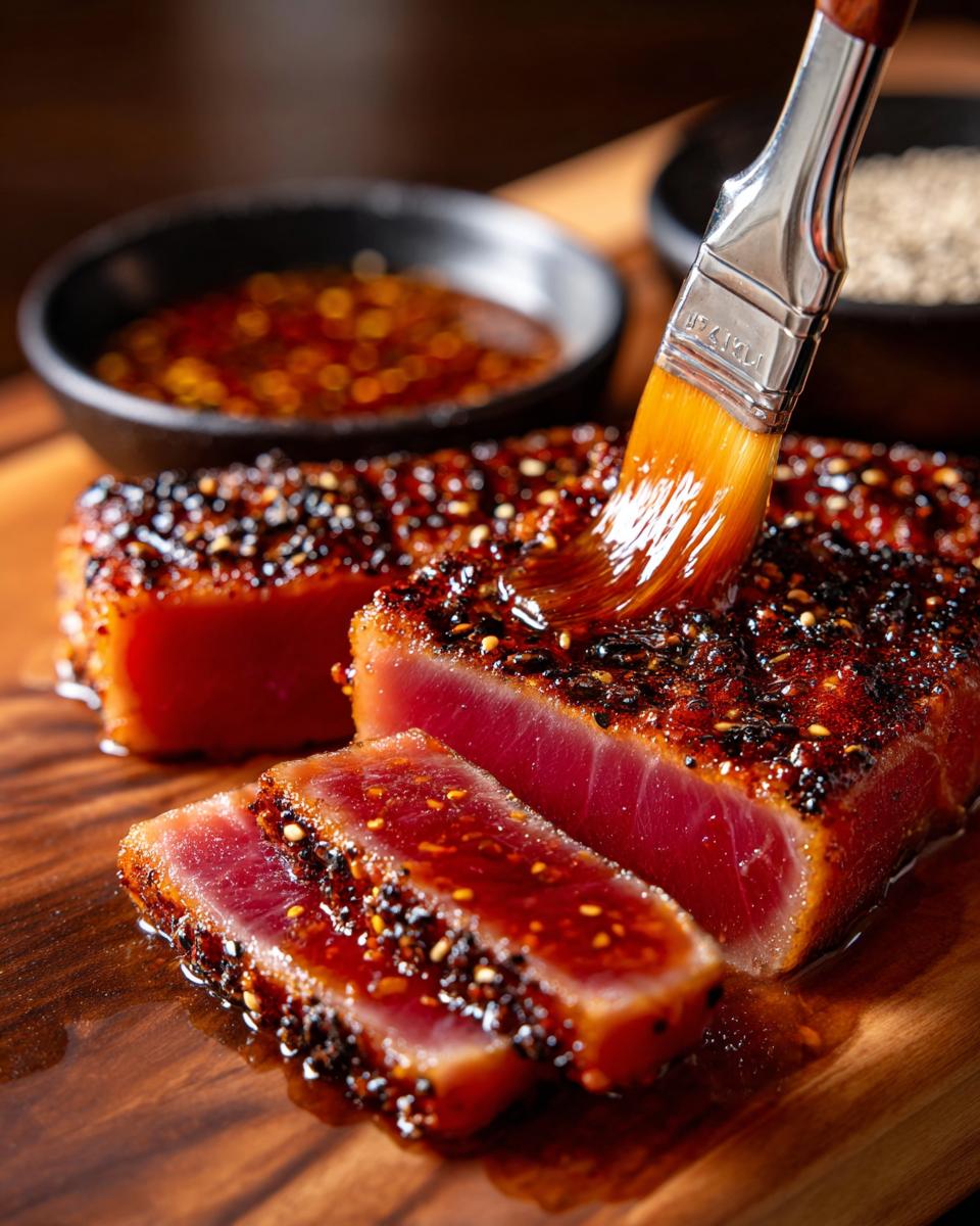 A chef brushes a rich glaze onto a perfectly seared, sesame-crusted grilled tuna steak, sliced to show the rare center.